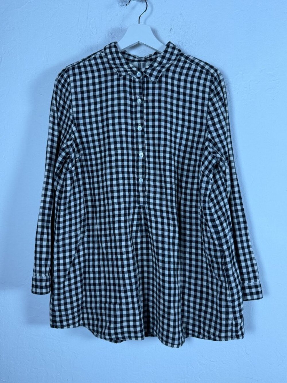 J.Jill Black Gingham Check Cotton Long Sleeve Popover Tunic Shirt Blouse Medium